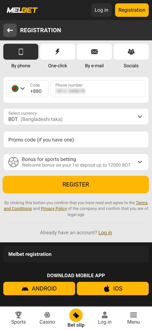 Click on the registration button to create Melbet account.